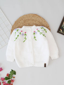 Woonie - White Handknitted Floral Embroidered Front Open Cardigan
