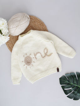 Woonie - Cream Handknitted Personalized Baby and Child Jumper Sweater