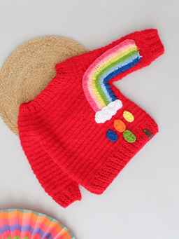 Woonie - Red Handmade Crochet Rainbow Detailing Sweater