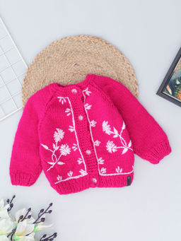 Woonie - Magenta Hand Embroidered Front Open Knitted Cardigan
