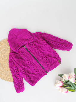 Woonie - Purple Cable Knit Zip Up Hooded Cardigan