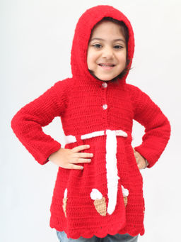 Woonie - Red Handmade Crochet Ice cream Dress with Hooded Pom Pom Cardigan