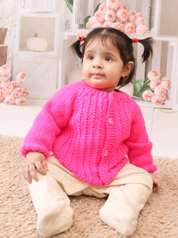 Woonie - Pink Handknitted Self Design Hot Pink Cardigan