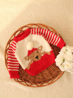Woonie - Red Homemade knitted Striped Sleeve Pullover Sweater