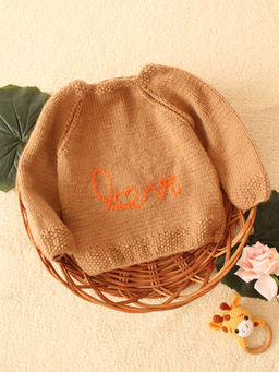 Woonie - Beige Handmade Knitted Love Text Pullover Sweater