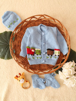 Woonie - Blue Handknitted Train Applique Cardigan with Cap and Pair of Socks