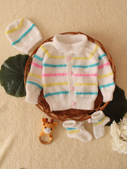 Woonie - White Handknitted Self Design Striped Cardigan with Cap and Pair of Socks