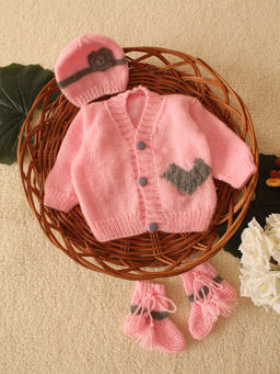Woonie - Pink Handknitted Heart Design Cardigan with Cap and Pair of Socks
