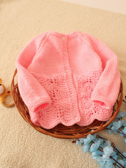 Woonie - Pink Handknitted Self Design Cardigan