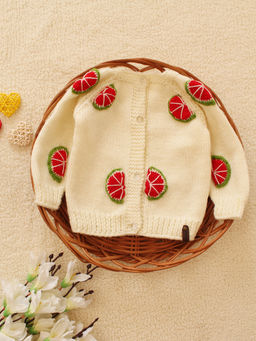Woonie - Cream Handknitted Watermelon Applique Cardigan
