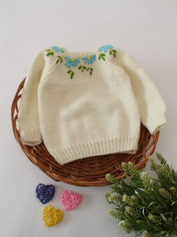 Woonie - Cream Handknitted Embroidered Neck Sweater