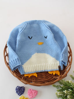 Woonie - Blue Handknitted Penguin Design Pullover Sweater