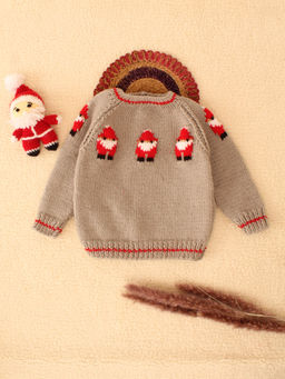 Woonie - Grey Handknitted Santa Design Christmas Pullover Sweater