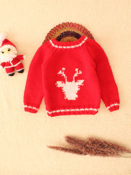 Woonie - Red Handmade Knitted Reindeer Christmas Pullover Sweater