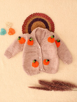 Woonie - Beige Handknitted Pumpkin Applique Cardigan