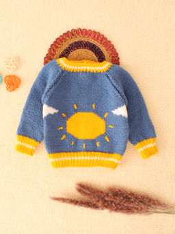Woonie - Blue Handknitted Sun and Clouds Pullover Sweater