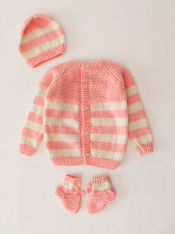 Woonie - Peach Handknitted Striped Cardigan with Cap and Pair of Socks