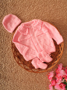 Woonie - Pink Handknitted Collar Detail Cardigan with Cap and Pair of Socks