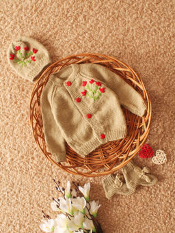 Woonie - Beige Handknitted Embroidered Floral Cardigan with Cap and Pair of Socks