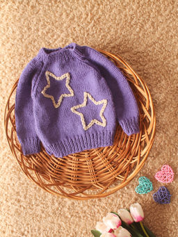 Woonie - Purple Handknitted Star Embroidered Pullover Sweater