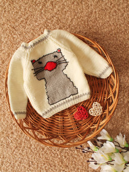 Woonie - Cream Handknitted intarsia Cat Design Pullover Sweater