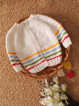 Woonie - White Handknitted Striped Full Sleeve Cardigan