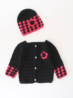 Woonie - Black Crochet Front Openable Cardigan with Cap