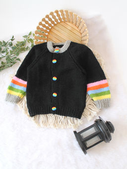 Woonie - Black Handknitted Striped Sleeve Cardigan