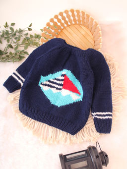 Woonie - Navy Blue Handknitted Ship Design Pullover Sweater