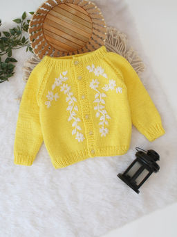 Woonie - Yellow Handknitted Floral Embroidered Cardigan