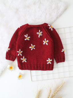 Woonie - Maroon Handknitted Daisy Embroidered Sweater