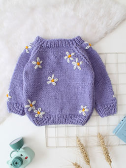 Woonie - Lavender Handknitted Daisy Embroidered Sweater