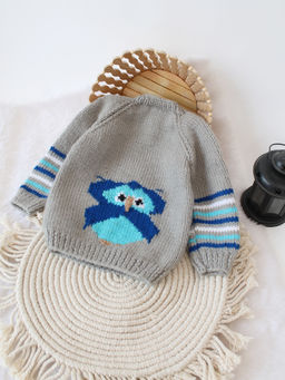 Woonie - Grey Handknitted Intarsia Owl Sweater