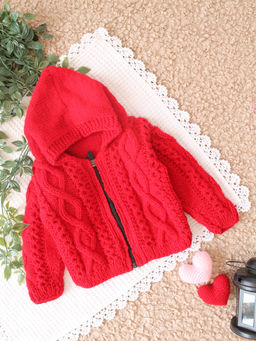 Woonie - Red Handknitted Hooded Cable Design Sweater