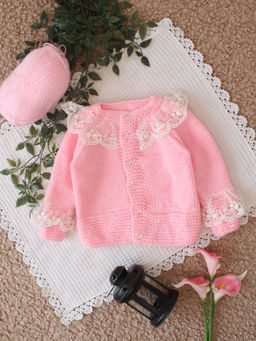 Woonie - Pink Handknitted Lace Detail Cardigan