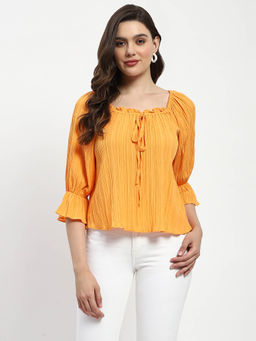 Madame - Textured Cotton Blend Smocked Orange Top