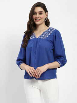 Madame - Royal Blue Linen Cotton Blend Top