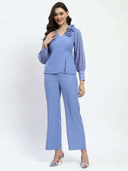 Madame - V neck Flower Applique Blue Co-ord (Set of 2)