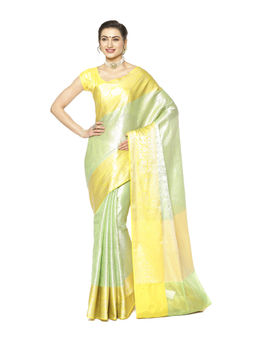 Banarasi Silk Works - Green Zari Kanchi Silk Tanchoi Meena Saree with Unstitched Blouse