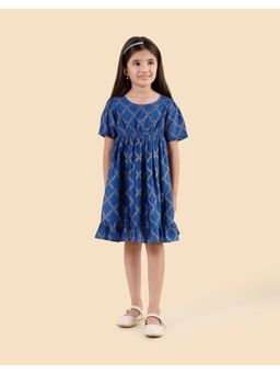 Fabindia - Navy Blue Cotton Silk Hand Block Printed Knee Length Dress