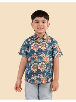 Fabindia - Navy Blue Cotton Hand Block Floral Printed Shirt