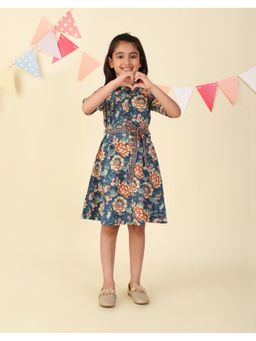 Fabindia - Navy Blue Cotton Hand Block Printed Belted Dress