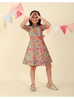 Fabindia - Pink Cotton Hand Block Printed Belted Dress