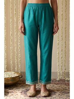 Aurelia - Women's Teal Embroidered Straight Fit Pant