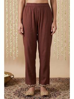 Aurelia - Women's Brown Embroidered Pure Cotton Straight Fit Pant