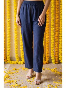W - Navy Blue Solid Cotton Flax Straight Fit Pant