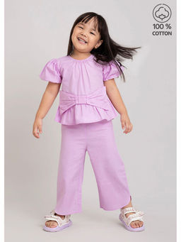 Hopscotch - Purple Puff-Sleeve Pure Cotton Blouse and Pants (Set of 2)