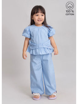 Hopscotch - Blue Puff-Sleeve Pure Cotton Blouse and Pants (Set of 2)