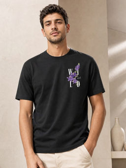 Nobero - Black Floral Regular Fit T-Shirt