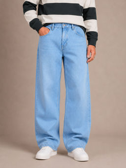 Perch - Blue Solid Loose Fit Jeans